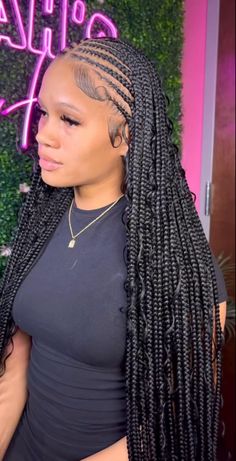 Fulani Braids Without Designs, French Braids With Individuals In The Back, Lovely Wholesale Clothing, Summer Hairstyles For Black Women 2023, Braiding Hairstyles For Black Women 2023, Zig Zag Fulani Braids With Curls, Baja Braids, Feed In Braids In Front Knotless In Back, Feed In Knotless Box Braids