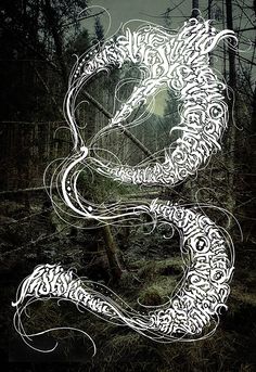 an artistic drawing in the shape of a snake on a dark background with trees and grass