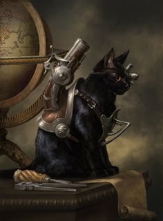 a black cat sitting on top of a table next to a telescope and a globe