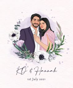 an illustration of a couple holding each other in front of a floral frame with the words d's hannah on it