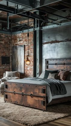 an industrial style bedroom with exposed brick walls