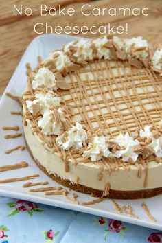 no - bake caramel cheesecake on a white plate with the words, no - bake caramel cheesecake