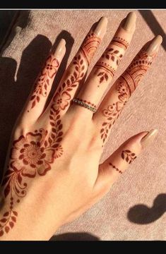 someones hand with henna tattoos on it and their hands are showing the design