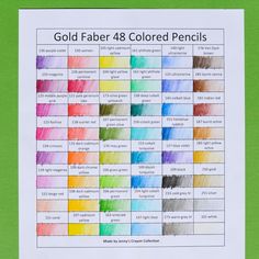 the color chart for colored pencils is displayed on a green paper with white writing