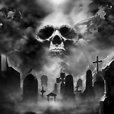 a black and white photo of a cemetery with a skull in the sky above it