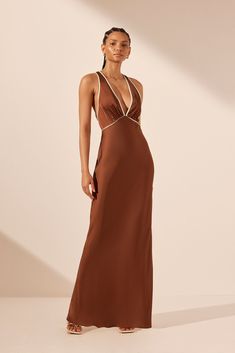 Belkis Contrast Plunged Cross Back Maxi Dress | Chocolate/Ivory | Dresses | Shona Joy Beach Bridesmaid Dresses, Shona Joy, Maxi Dress Online, Ivory Dresses, Grad Dresses, Midi Length Skirts, Contrast Piping, Satin Maxi Dress, Matte Satin