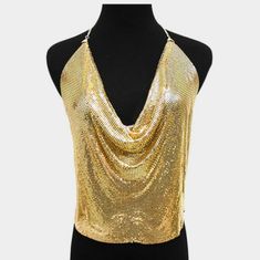 Gold Metal Mesh Body Chain Camisole Top Halter Necklace Size : 26" + 6" L Decor Size : 20" X 16 Waist Size : 36" + 6" W Lobster Claw G 7007 T Party / Club / Dance Body Chain Necklace, Chain Crop Top, Crop Top Camisole, Swimsuit Jewelry, Body Necklace Chain, Bling Top, Chain Bra, Mesh Necklace, Metal Mesh