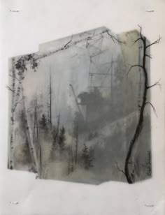 an old photo with trees in the background and fog on the bottom half of it