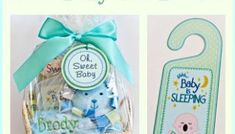 an image of a baby shower gift set with teddy bear and bookmark in it