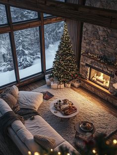 a living room filled with furniture and a fire place next to a window covered in snow