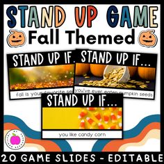 the stand up game with pumpkins and candy corn on it for fall themed activities