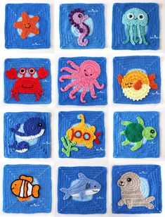 knitted squares with different sea animals on them