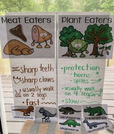 two signs with pictures of different animals and plants on them in front of a window