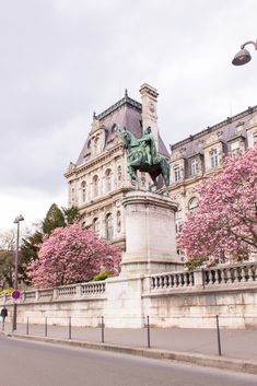 a statue in front of a large building with pink flowers on the trees around it