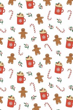 seamless christmas pattern with gingerbreads, mugs and candy canes on white background