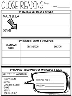 close reading worksheet for the classroom to help students learn how to read and write