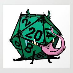 a green and pink cube with numbers on it's face next to a pink flamingo