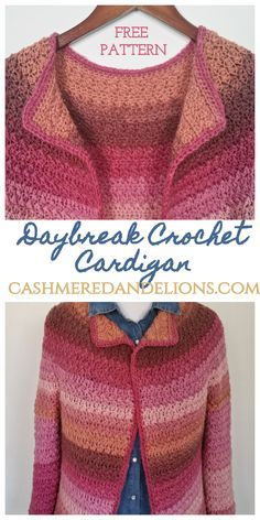 a crochet cardigan is shown with the text, free pattern