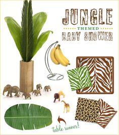 there is a jungle themed baby shower with animals and plants