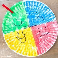 a paper plate with four different colored faces on it