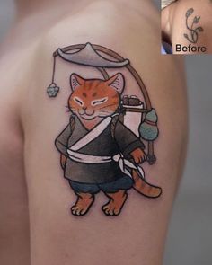 a cat tattoo on the back of a woman's shoulder, with an umbrella