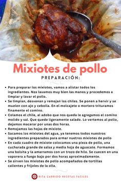 an advertisement for a mexican restaurant called mixotes de pollo with meat and sauce