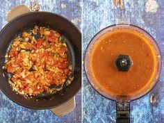 two pictures showing the same food in a blender and then being mixed together to make an enchilada