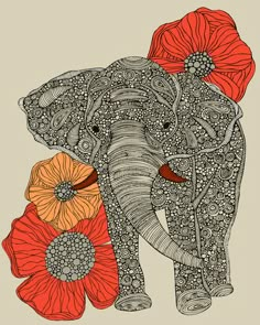 an elephant with red flowers on it's back, framed in a red frame