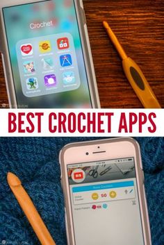 two pictures with the words best crochet apps on them and an iphone next to it