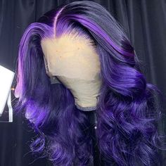 Purple Lace Front Wig, Purple Lace Front, Wavy Wig, Lace Front Human Hair Wigs, Colored Wigs, Hair Color Highlights, Lace Front Human Hair, Black And Purple