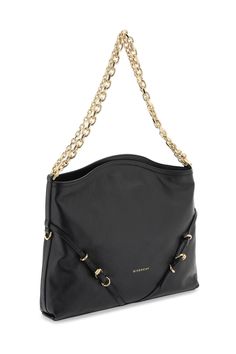 Givenchy "Voyou" shoulder bag made of grained leather and featuring a V-shaped silhoutte and metal buckles. Fabric interior with one zippered pocket and chain shoulder strap. Gold-finished metalware. Chain Strap Bag, Givenchy Women, Balenciaga Designer, Black Shoulder Bag, Flap Bag, White Bag, Metal Buckles, Bag Straps, V Shape