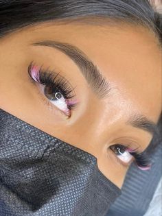 Light Pink Eyelash Extensions, Pink And Red Lash Extensions, Hybrid Lash Extensions With Pink, Wispy Hybrid Lash Extensions With Color, Eyelash Extensions With Color At The End, Color Lash Extensions Map, Wispy Lashes With Color, Lash Extension Colors, Cute Lash Extensions With Color