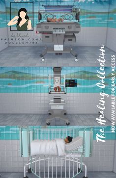 a hospital room with two beds and an iv machine in it's center, surrounded by blue tiled walls