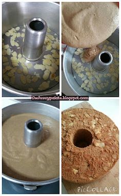 four pictures showing how to make a bundt cake