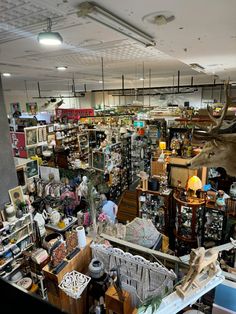 a large room filled with lots of items and furniture, including an antelope head