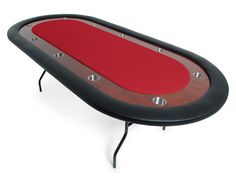 a black and red poker table with two tables on each side, one in the middle