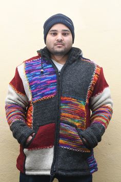 Fairtrade Warm Winter Jacket Double Knitted Thick Wool Fleece Lined Hoodie Coat Nepali Hippie Charcoal Grey Jumper Zip Double knitted hooded jacket lined with fleece. Handmade by Nepalese people, and created with the cold climate of Nepal in mind; these hoodies are made with New Zealand wool and lined with fleece to keep you extra warm.   The measurements are below but it's worth noting that the fleece lining restricts the sizing slightly and your usual size will give a nice snug fit which you c Multicolor Long Sleeve Fleece Jacket For Winter, Multicolor Hooded Jacket For Fall Outdoor, Multicolor Hooded Jacket For Fall Outdoor Activities, Multicolor Hooded Fleece Jacket For Winter, Wool Hooded Jacket With Long Sleeves For Cold Weather, Casual Multicolor Fleece Jacket For Winter, Multicolor Warm Outerwear For Fall, Multicolor Winter Sweater With Pockets, Multicolor Hooded Jacket For Cold Winter Weather