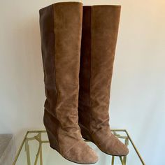 Stunning For Fall- Isabel Marant Knee-High Boots Goat Skin And Leather Material. Wedge Heel. Go With Everything Fall Staple Isabel Marant Shoes, Fall Staples, Tan Brown, Shoes Heels Boots, Leather Material, Isabel Marant, Wedge Heels, Knee High Boots, Knee High