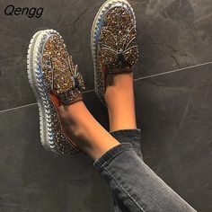 Qengg Women Flat Loafers Woman Rhinestone Shoes Female Autumn Casual Platform Glitter Design Slip On Shoes Dropshipping Spring Rhinestone Flats With Round Toe, Party Loafers With Rhinestones And Round Toe, Shoe Wardrobe, Flat Loafers, Ankle Boots Men, Glitter Design, Handmade Leather Shoes, Rhinestone Shoes, Womens Sandals Summer