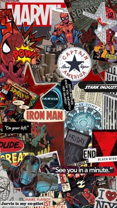 a collage of various stickers and decals on a white background, including iron man