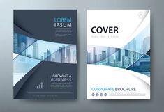 a brochure cover design with blue and white shapes on it, in front of a cityscape