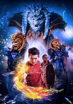 a movie poster with two men standing in front of a dragon and other creatures on it