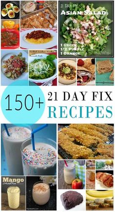 the cover of 150 day fix recipes with pictures of different foods and drinks on it