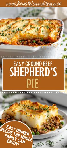 an easy ground beef shepherd's pie is shown on a white plate with text overlay