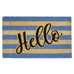 a blue and yellow door mat with the word hello written in cursive font