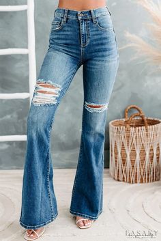 Lasaky - High Rise Distressed Flared Jeans Distressed Flare Jeans, Affordable Jeans, Bodycon Casual, Jeans Look, Jeans Material, Country Outfits, Flared Jeans, Size Charts, Wholesale Clothing