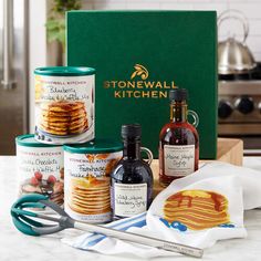 the stonewall kitchen gift set includes pancakes, syrup and condiments for breakfast