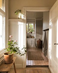 an open door leading to a bathroom with a potted plant on the floor and a towel rack