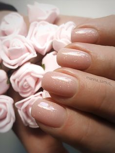 Bride Natural Nails, Wedding Nails Shimmer, Nails With Subtle Glitter, Shimmer Beige Nails, Glitter Shellac Nails Short, Classy Biab Nail Designs, Short Neutral Bridal Nails, Holiday Nails Nude Sparkle, Shimmer Natural Nails