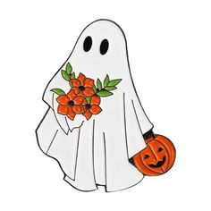 a white ghost holding a pumpkin and flowers